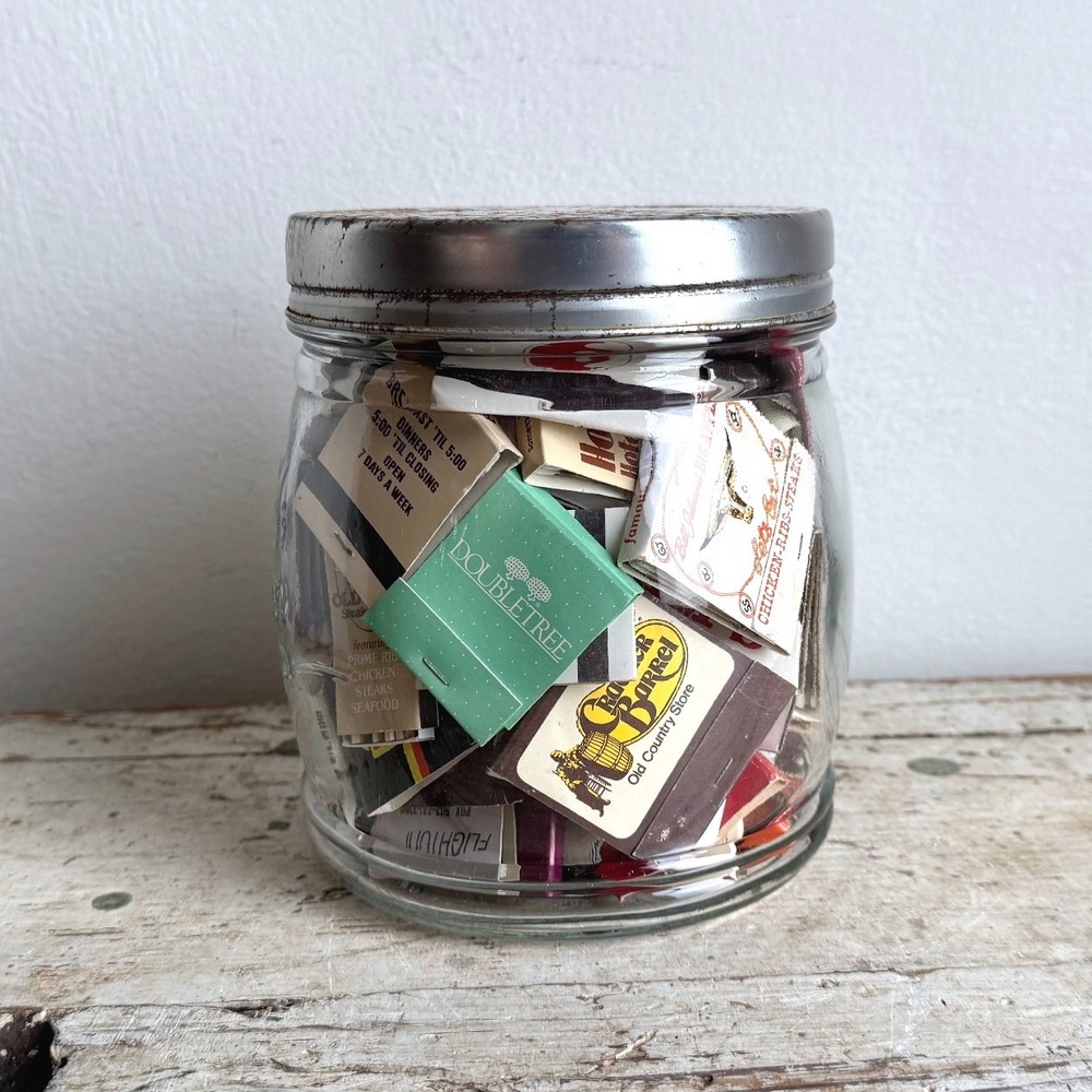 Vintage Matchbook Collection Lot in Glass Jar Hotels Restaurants Ads